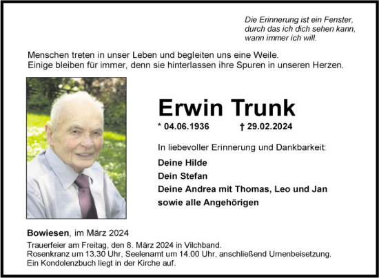 Traueranzeige von Erwin Trunk von Fränkische Nachrichten