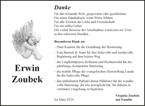 Traueranzeige von Erwin Zoubek von Fränkische Nachrichten