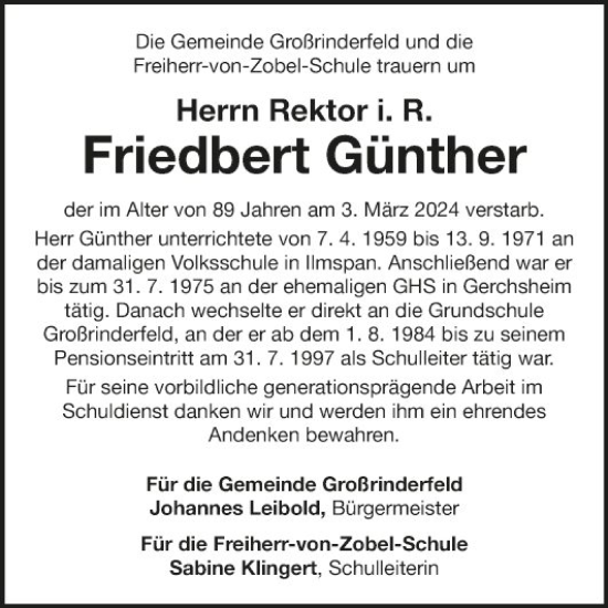 Traueranzeige von Friedbert Günther von Fränkische Nachrichten
