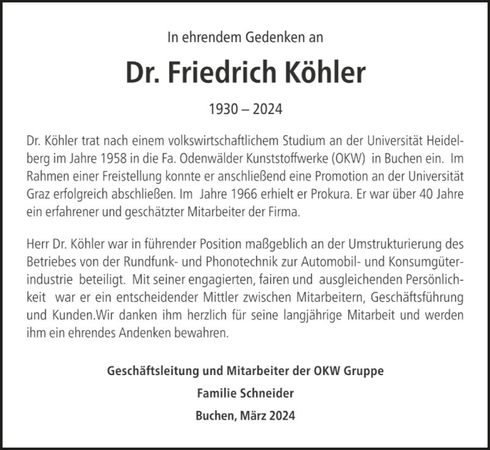  Traueranzeige für Friedrich Köhler vom 16.03.2024 aus Fränkische Nachrichten