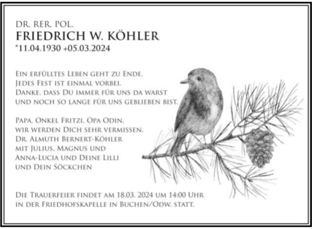  Traueranzeige für Friedrich Köhler vom 13.03.2024 aus Fränkische Nachrichten