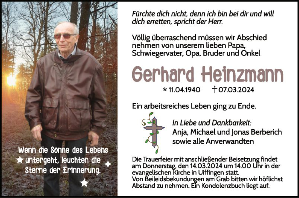  Traueranzeige für Gerhard Heinzmann vom 12.03.2024 aus Fränkische Nachrichten