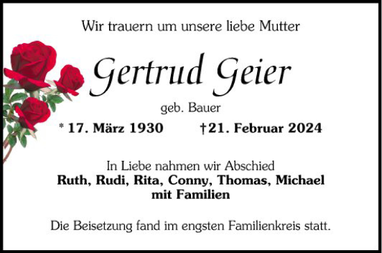 Traueranzeige von Gertrud Geier von Mannheimer Morgen
