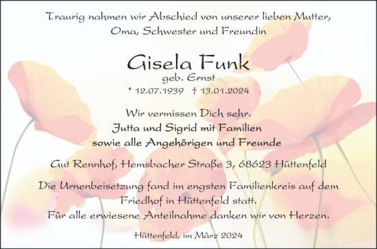 Traueranzeige von Gisela Funk von Mannheimer Morgen