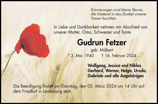 Traueranzeige von Gudrun Fetzer von Mannheimer Morgen