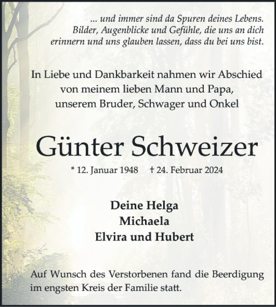  Traueranzeige für Günter Schweizer vom 09.03.2024 aus Mannheimer Morgen