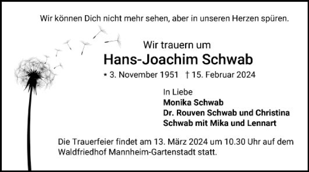  Traueranzeige für Hans-Joachim Schwab vom 02.03.2024 aus Mannheimer Morgen