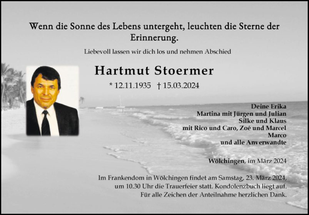 Traueranzeige für Hartmut Stoermer vom 20.03.2024 aus Fränkische Nachrichten