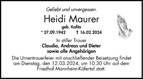 Traueranzeige von Heidi Maurer von Mannheimer Morgen