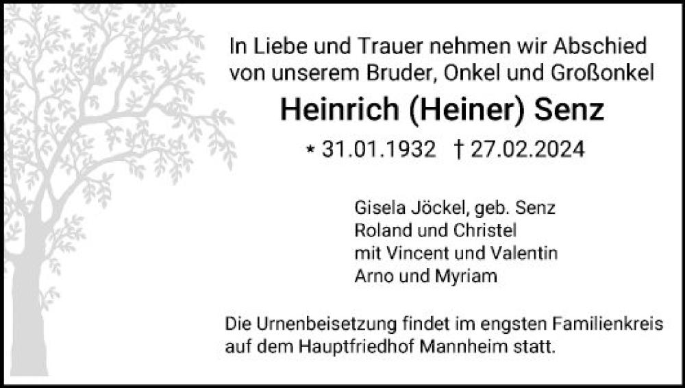  Traueranzeige für Heinrich Sens vom 09.03.2024 aus Mannheimer Morgen