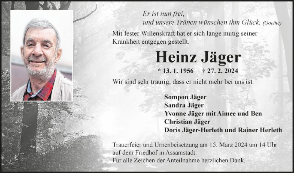  Traueranzeige für Heinz Jäger vom 09.03.2024 aus Fränkische Nachrichten