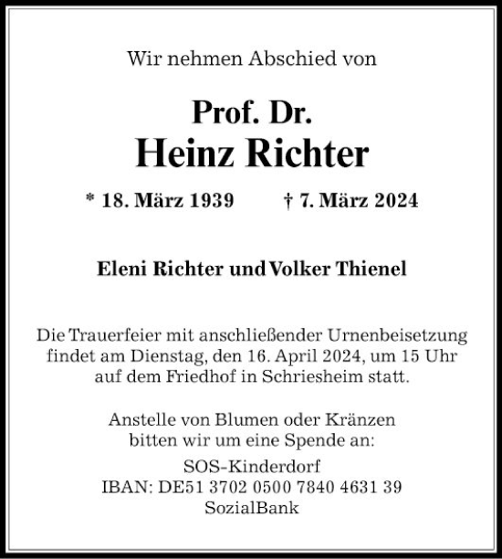 Traueranzeige von Heinz Richter von Mannheimer Morgen