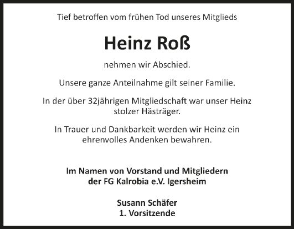  Traueranzeige für Heinz Roß vom 08.03.2024 aus Fränkische Nachrichten