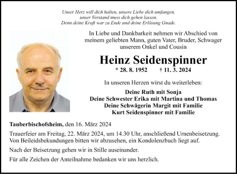  Traueranzeige für Heinz Seidenspinner vom 16.03.2024 aus Fränkische Nachrichten