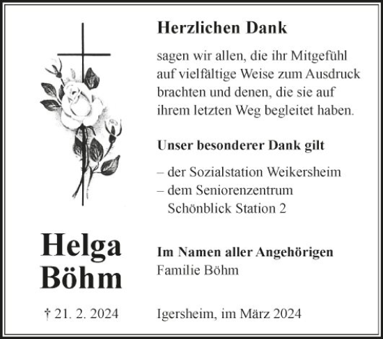 Traueranzeige von Helga Böhm von Fränkische Nachrichten