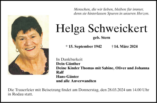 Traueranzeige von Helga Schweickert von Bergsträßer Anzeiger