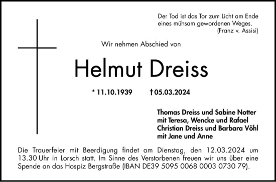 Traueranzeige von Helmut Dreiss von Bergsträßer Anzeiger