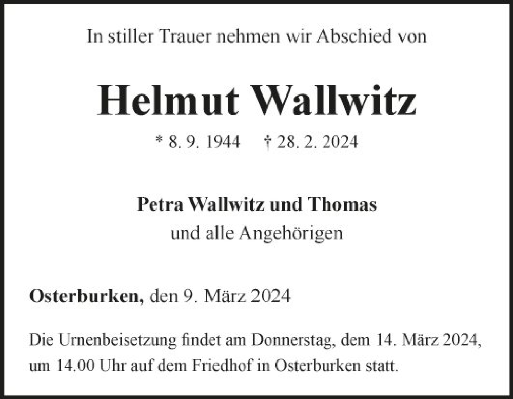  Traueranzeige für Helmut Wallwitz vom 09.03.2024 aus Fränkische Nachrichten