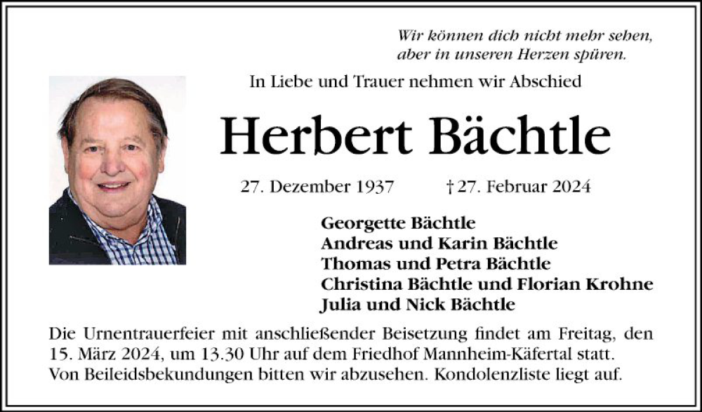 Traueranzeige für Herbert Bächtle vom 09.03.2024 aus Mannheimer Morgen