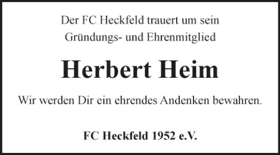 Traueranzeige von Herbert Heim von Fränkische Nachrichten