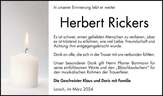 Traueranzeige von Herbert Rickers von Bergsträßer Anzeiger