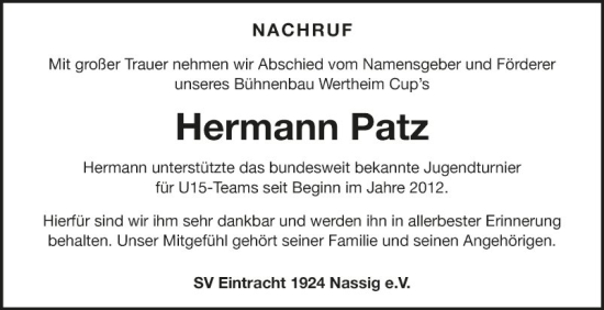 Traueranzeige von Hermann Patz von Fränkische Nachrichten