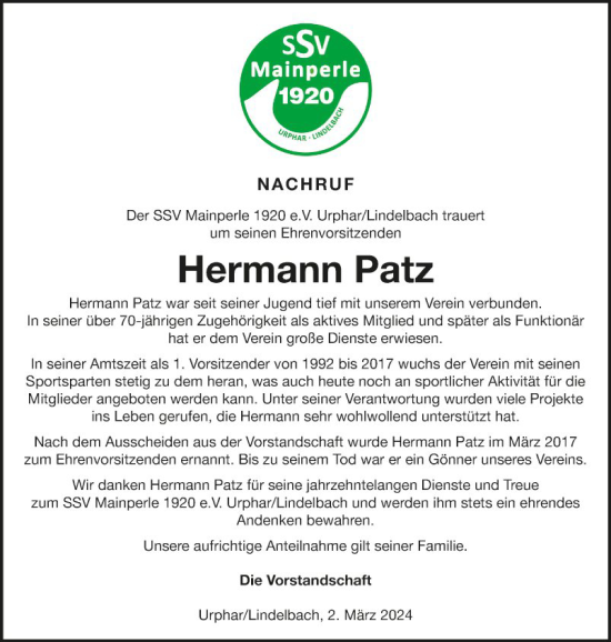 Traueranzeige von Hermann Patz von Fränkische Nachrichten