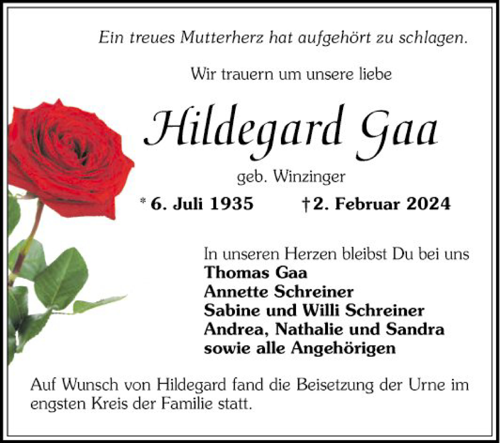  Traueranzeige für Hildegard Gaa vom 02.03.2024 aus Schwetzinger Zeitung