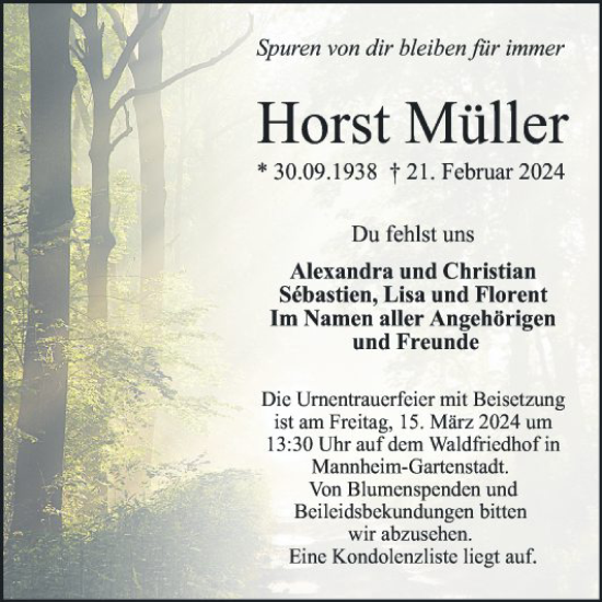 Traueranzeige von Horst Müller von Mannheimer Morgen