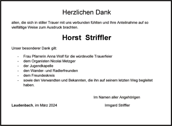 Traueranzeige von Horst Striffler von Fränkische Nachrichten
