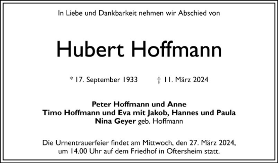 Traueranzeige von Hubert Hoffmann von Schwetzinger Zeitung