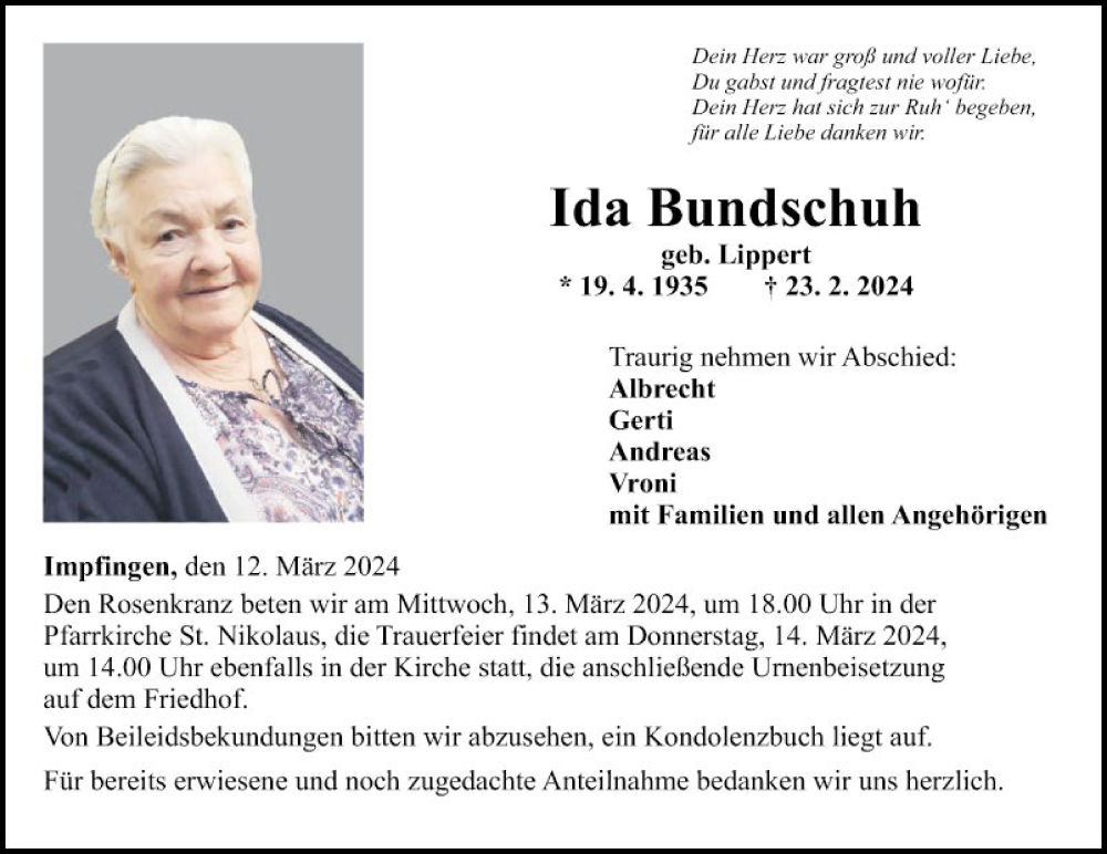  Traueranzeige für Ida Bundschuh vom 12.03.2024 aus Fränkische Nachrichten