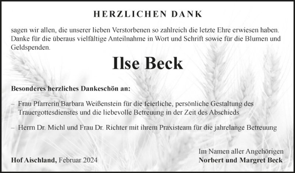  Traueranzeige für Ilse Beck vom 02.03.2024 aus Fränkische Nachrichten