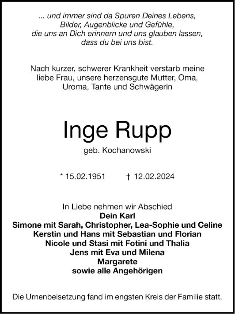  Traueranzeige für Inge Rupp vom 02.03.2024 aus Schwetzinger Zeitung