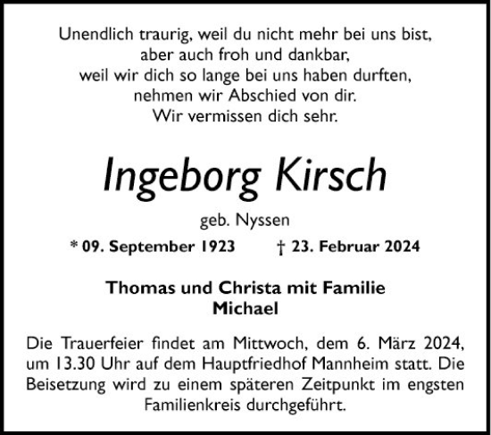 Traueranzeige von Ingeborg Kirsch von Mannheimer Morgen