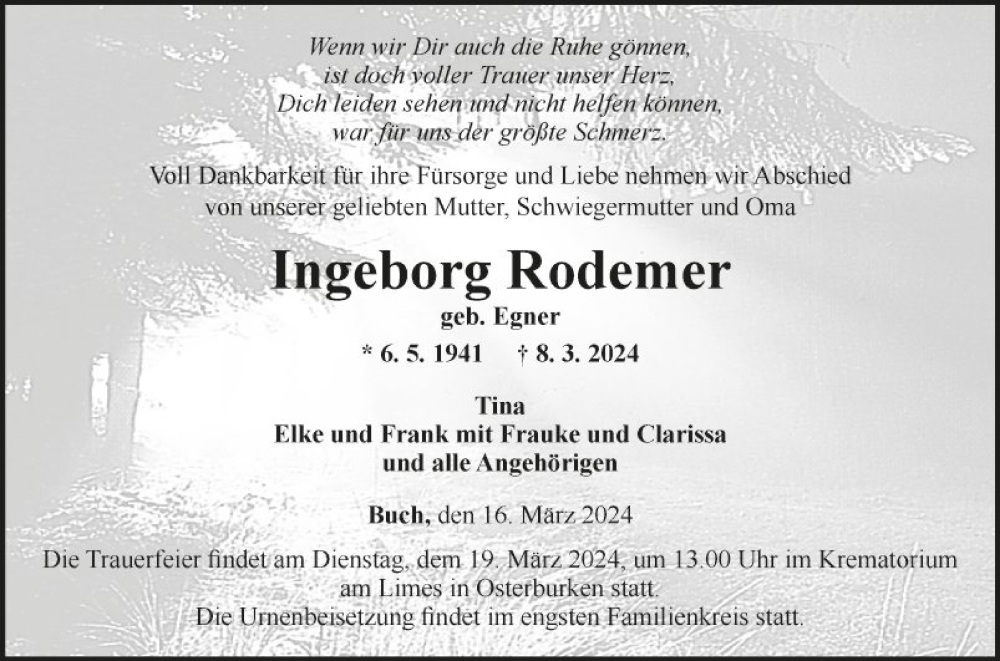  Traueranzeige für Ingeborg Rodemer vom 16.03.2024 aus Fränkische Nachrichten