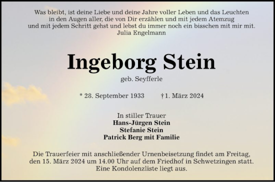Traueranzeige von Ingeborg Stein von Schwetzinger Zeitung