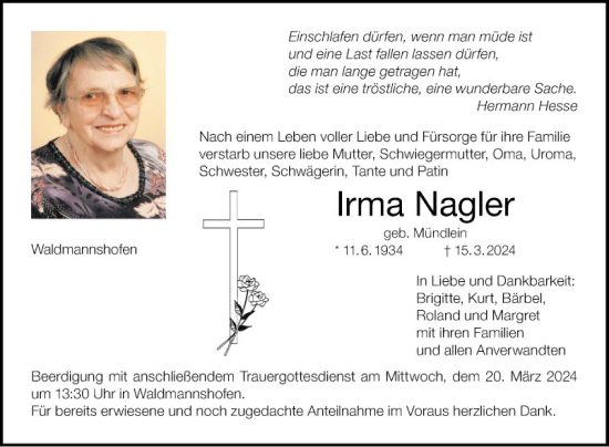 Traueranzeige von Irma Nagler von Fränkische Nachrichten