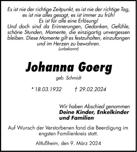 Traueranzeige von Johanna Georg von Schwetzinger Zeitung