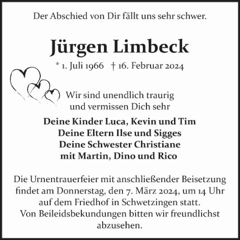  Traueranzeige für Jürgen Limbeck vom 02.03.2024 aus Schwetzinger Zeitung