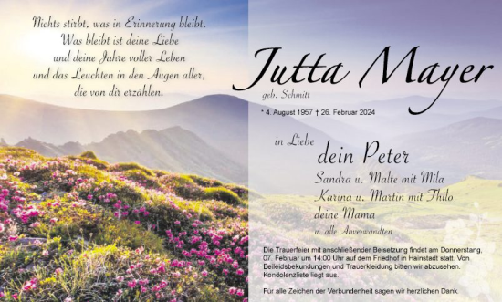 Traueranzeige von Jutta Mayer von Fränkische Nachrichten