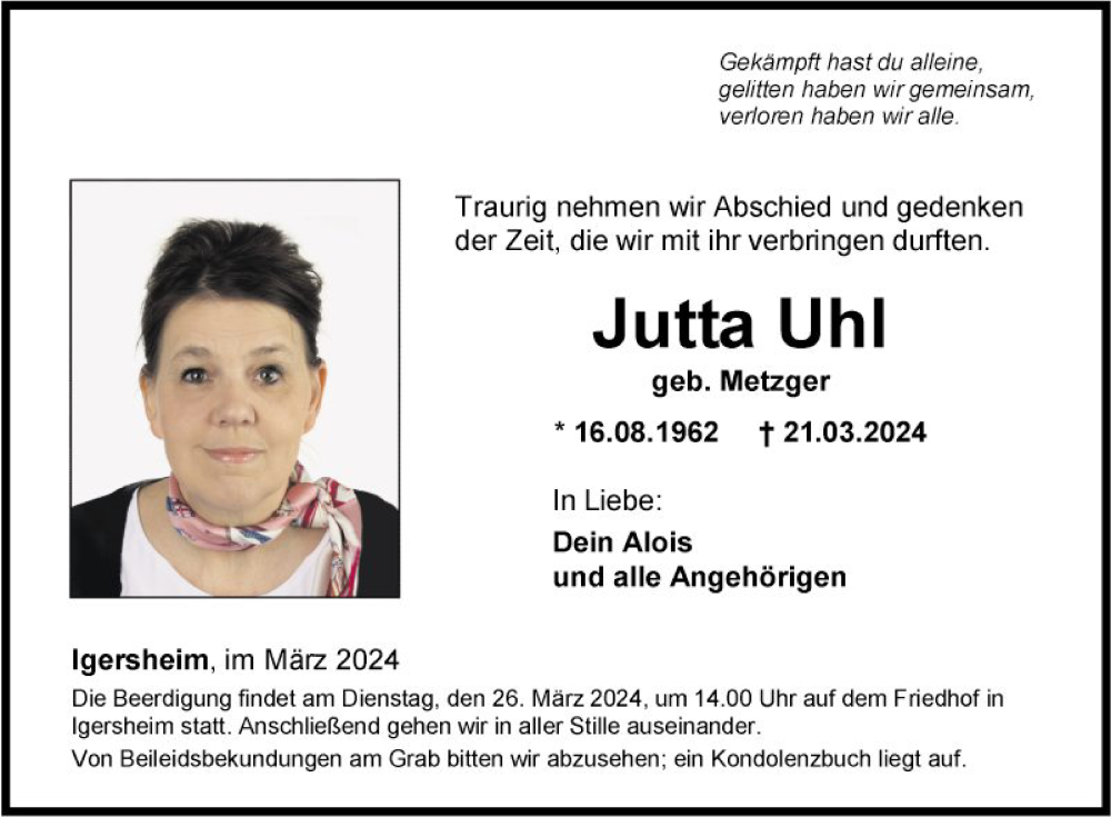  Traueranzeige für Jutta Uhl vom 23.03.2024 aus Fränkische Nachrichten