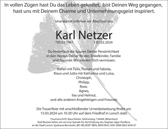 Traueranzeige von Karl Netzer von Bergsträßer Anzeiger