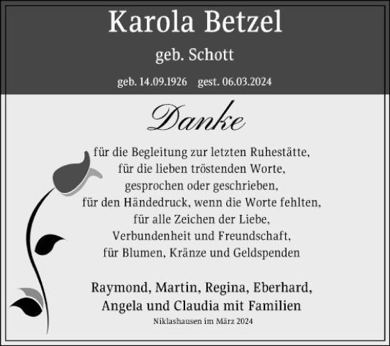 Traueranzeige von Karola Betzel von Fränkische Nachrichten