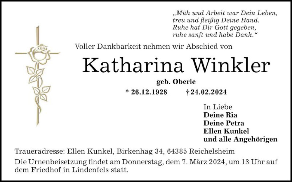  Traueranzeige für Katharina Winkler vom 02.03.2024 aus Bergsträßer Anzeiger