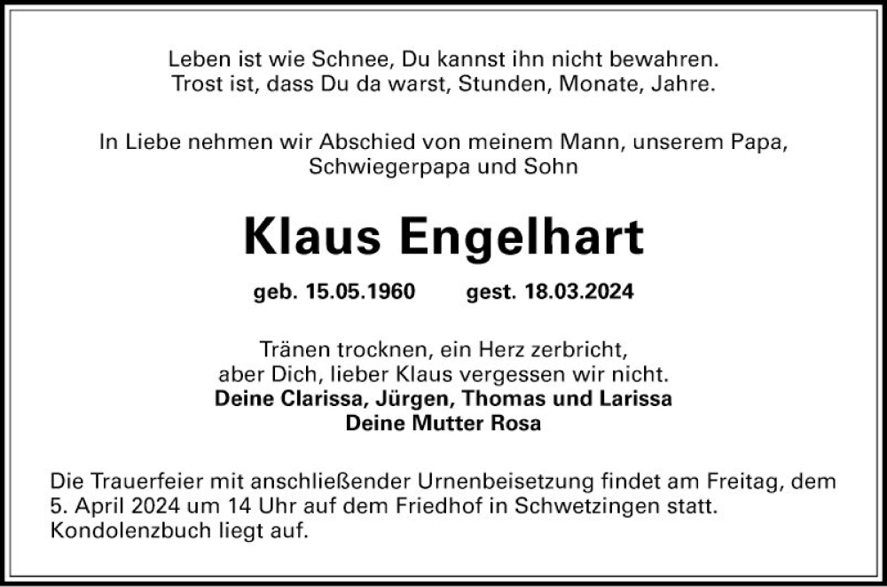  Traueranzeige für Klaus Engelhardt vom 30.03.2024 aus Schwetzinger Zeitung