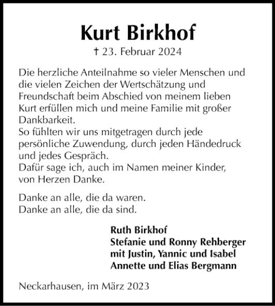 Traueranzeige von Kurt Birkhof von Mannheimer Morgen