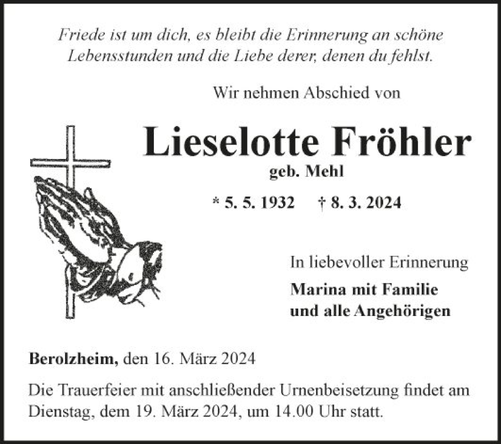  Traueranzeige für Lieselotte Fröhler vom 16.03.2024 aus Fränkische Nachrichten
