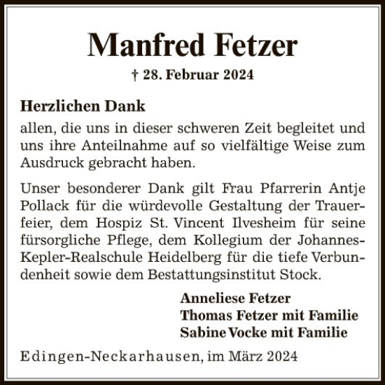 Traueranzeige von Manfred Fetzer von Mannheimer Morgen