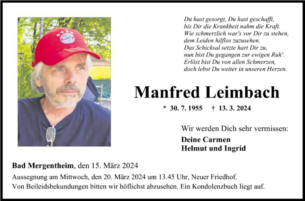  Traueranzeige für Manfred Leimbach vom 15.03.2024 aus Fränkische Nachrichten